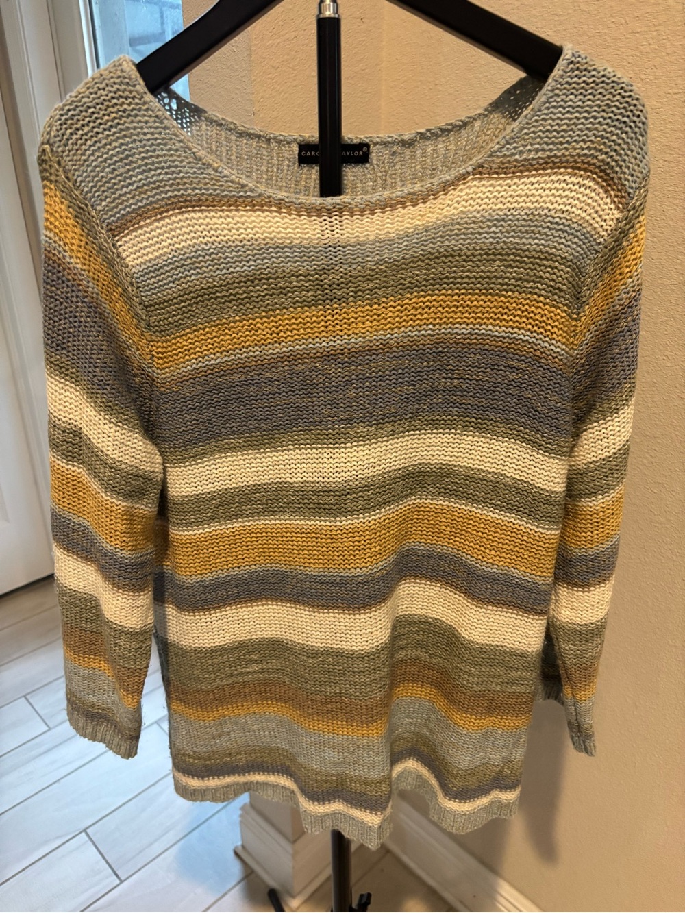 Carolyn Taylor Striped Knit Sweater Blue Sage Mustard Crew Neck Size Large